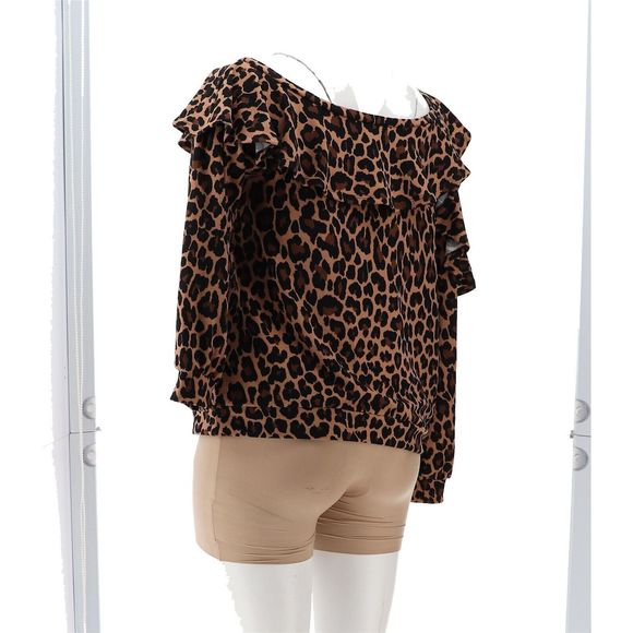 Colleen Lopez Ruffle Sweatshirt Cutout Neutral Leopard 770566E - Picture 4 of 8